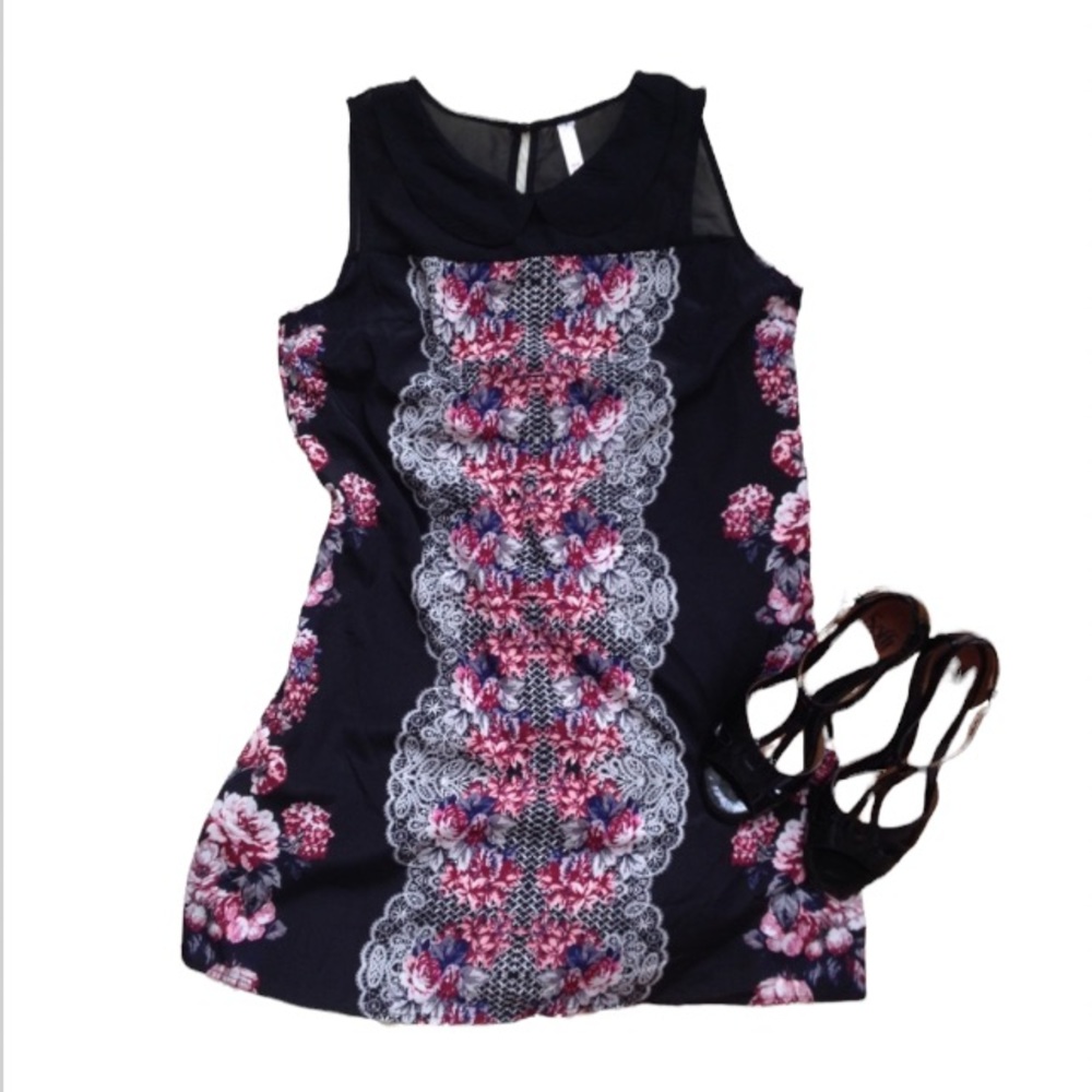 Vintage Y2K Xhilaration Black Floral Shift Mini Dress with Peter Pan Collar Sz M
